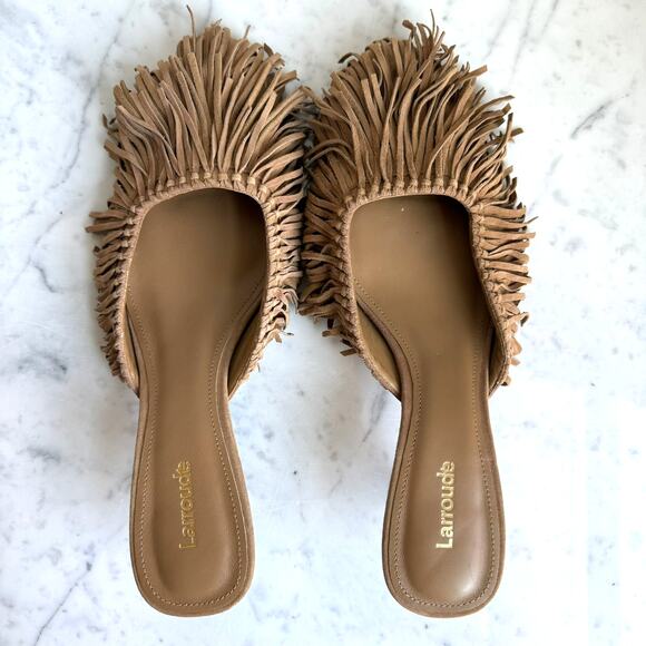 Larroudé Sienna Fringe Suede Mules Tan Kitten Heel Size 8 Handmade Brazil - Picture 4 of 12
